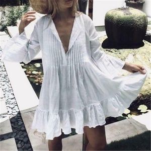 Boho  White ruffle hem 3/4 sleeve v neck dress